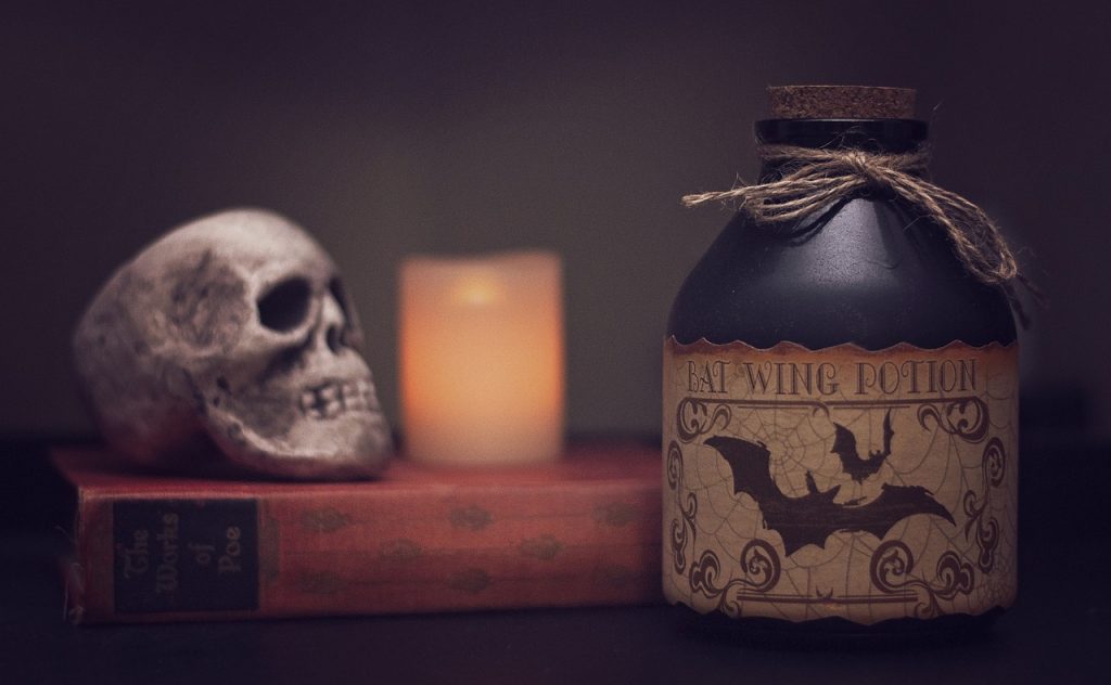 Halloween potion, skull and book on display