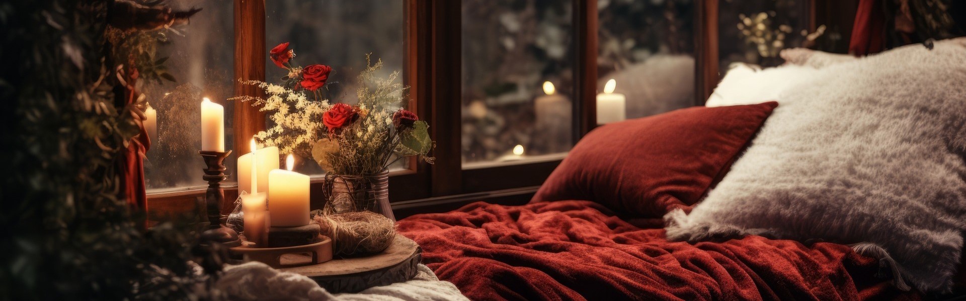 Candles, blankets and cushions on a window seat, in front of a large window